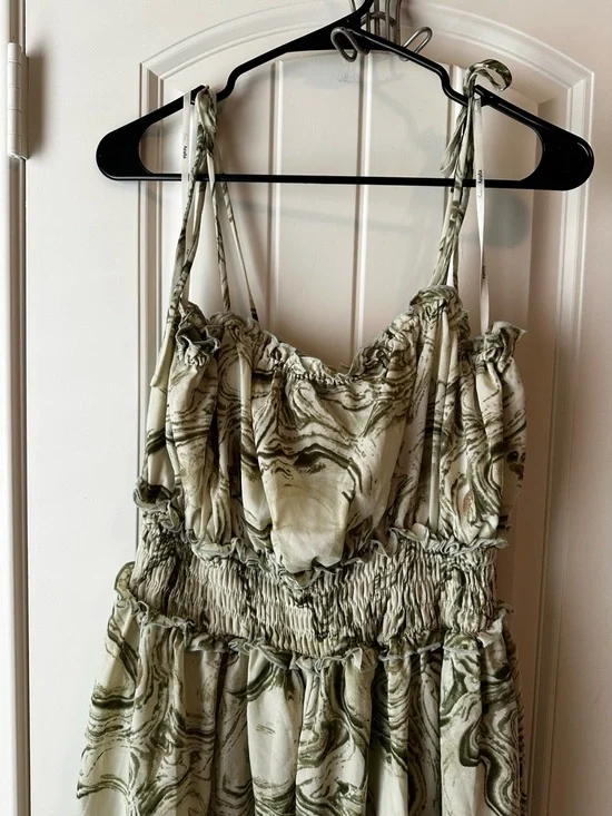 ARULA Olive Green and Cream Marble-Print Smocked Spring Party Flowy Midi Dress - Picture 3 of 10